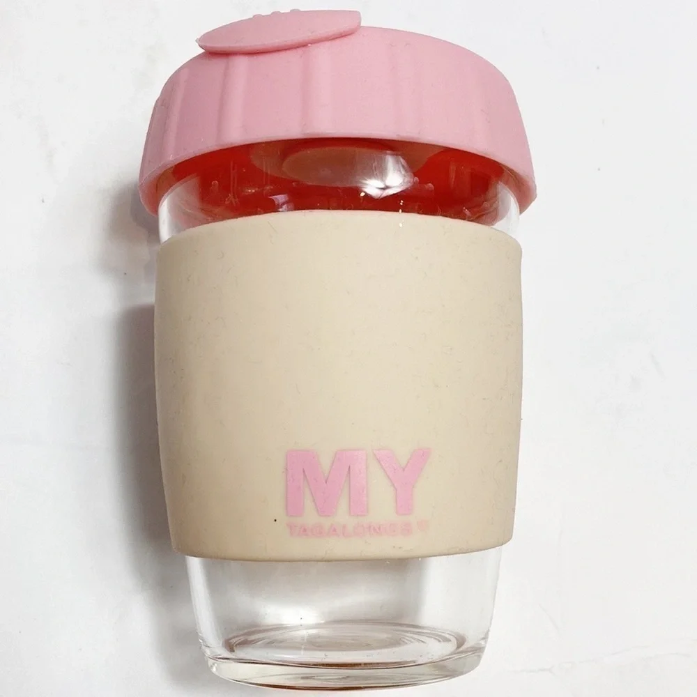 My Tagalongs pink reusable glass cup 11oz